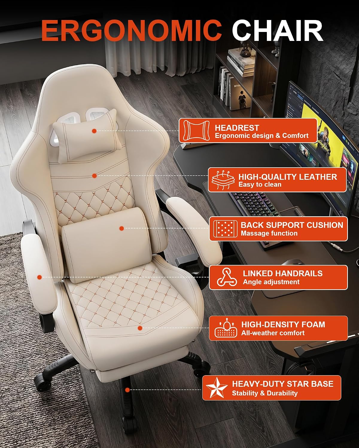 Big and Tall Gaming Chair with Massage and Footrest, Ergonomic High Back PU Leather Computer Office Chair for Heavy Adults, Supports 350LBS, Modern Ivory
