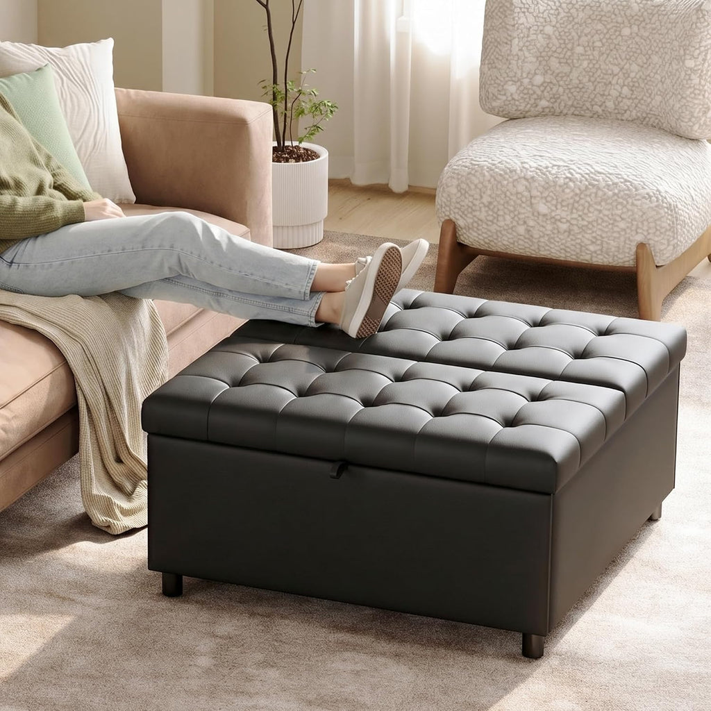 LINLUX Extra Large Leather Storage Ottoman, 35.5 Inch Large Square Lift Top Ottoman Coffee Table with Storage, Tufted Leather Ottoman Footrest Toy Box for Living Room, Black