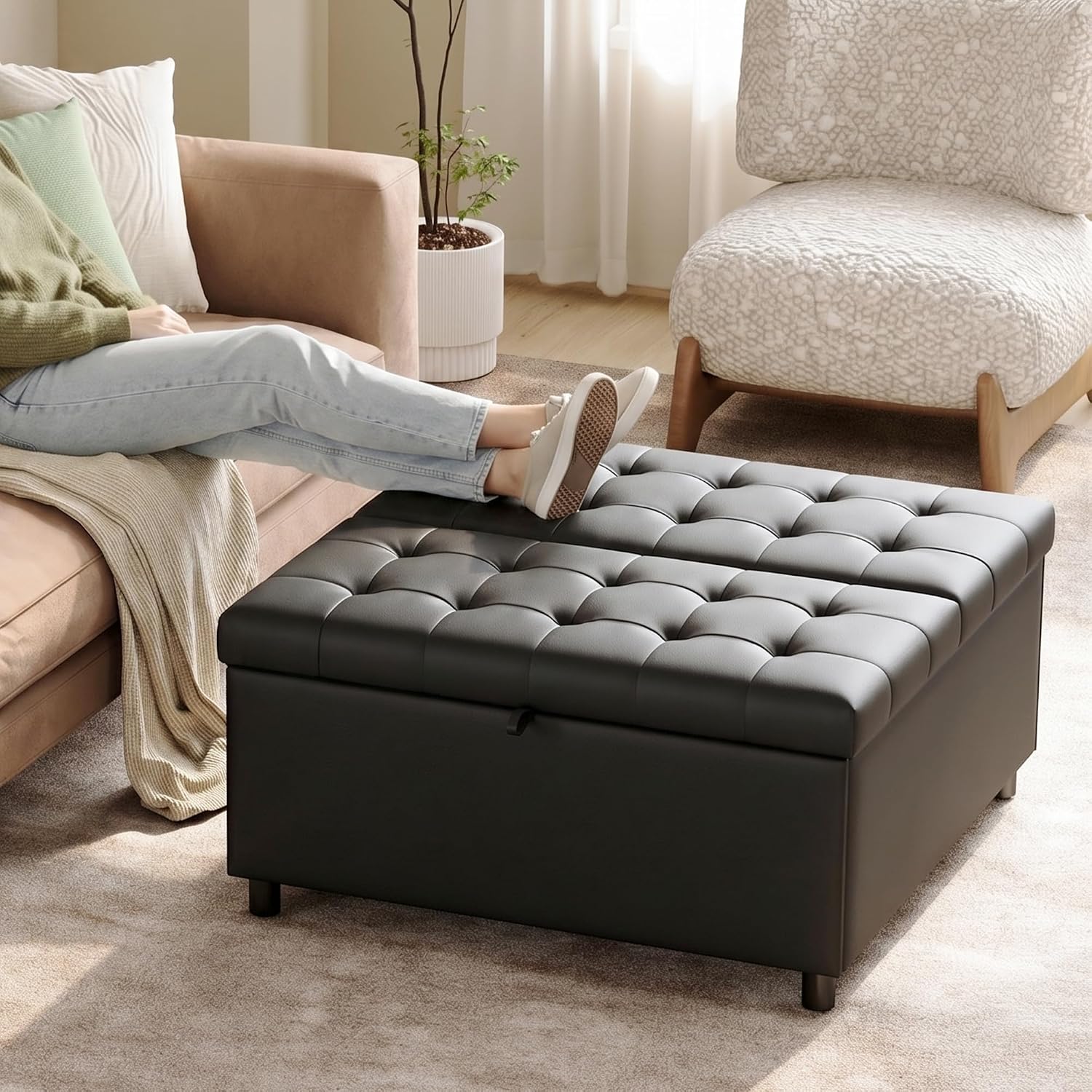 LINLUX Extra Large Leather Storage Ottoman, 35.5 Inch Large Square Lift Top Ottoman Coffee Table with Storage, Tufted Leather Ottoman Footrest Toy Box for Living Room, Black