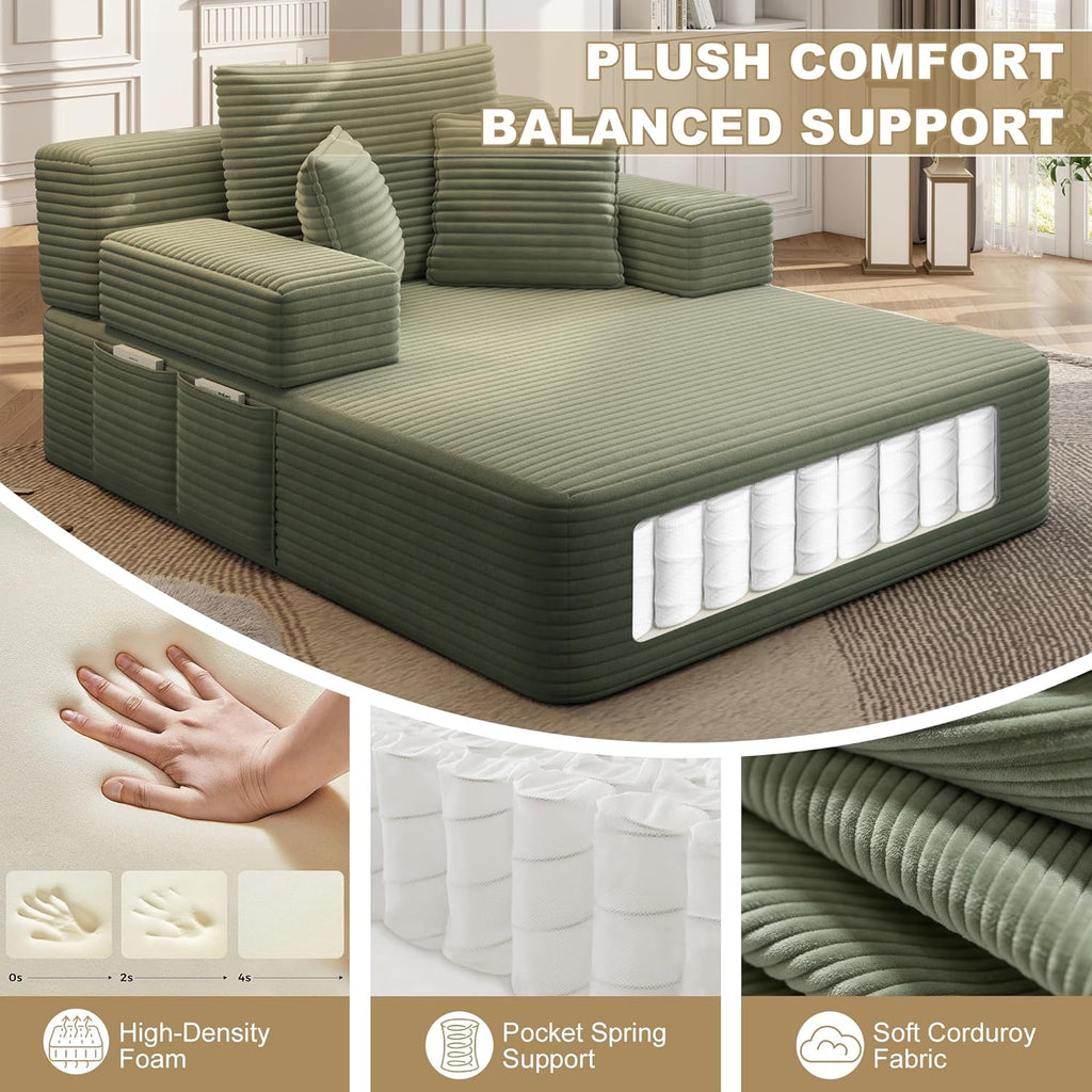 60.2" Oversized Chaise Lounge Chair, Boneless Corduroy Cloud Couch, Deep Seat Convertible Sofa Bed with 3 Pillows, Wide Armrests, Side Pocket, No Assembly (Green)
