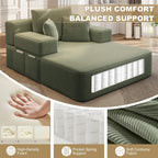 60.2" Oversized Chaise Lounge Chair, Boneless Corduroy Cloud Couch, Deep Seat Convertible Sofa Bed with 3 Pillows, Wide Armrests, Side Pocket, No Assembly (Green)