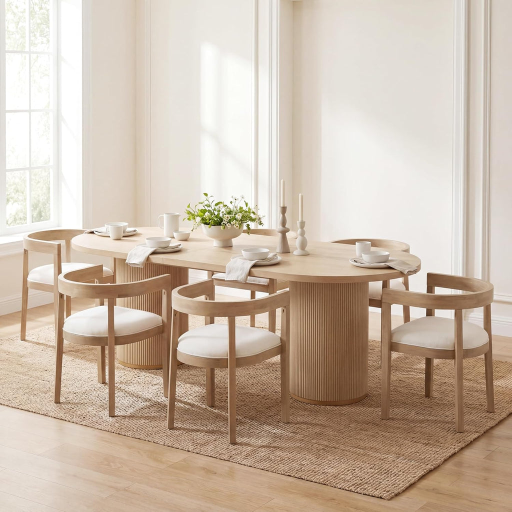 Christopher Knight Home 7 Piece Dining Table Set for 6, 88" Oval Cylinder Kitchen Table & Chairs, MDF Wood Dining Room Table Set with 6 Upholstered Chairs, Farmhouse Breakfast Table Set, Light Ash