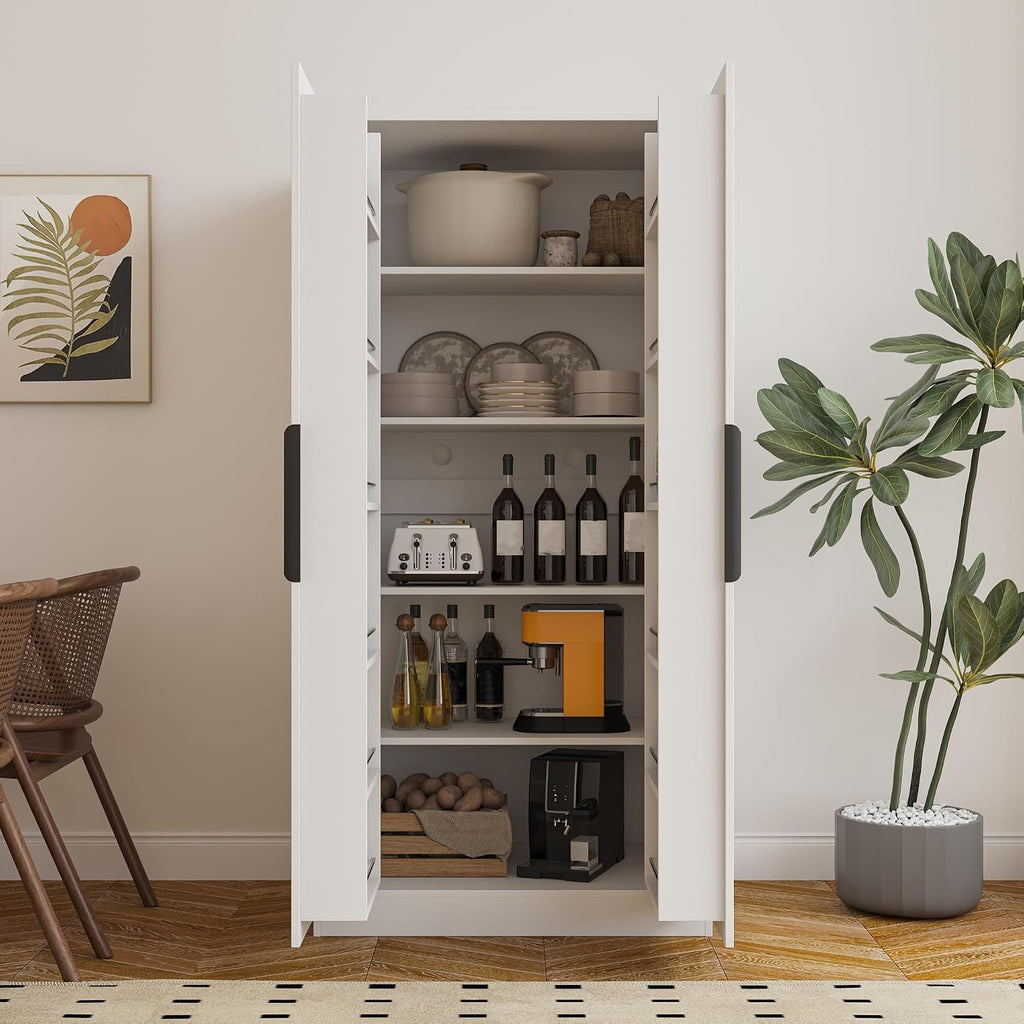 ZeHuoGe 62.99in Kitchen Pantry Cabinet, Freestanding Buffet Cupboards Sideboard with Doors & Shelves, Pantry Storage Cabinet for Kitchen, Living Room and Dinning Room (White)