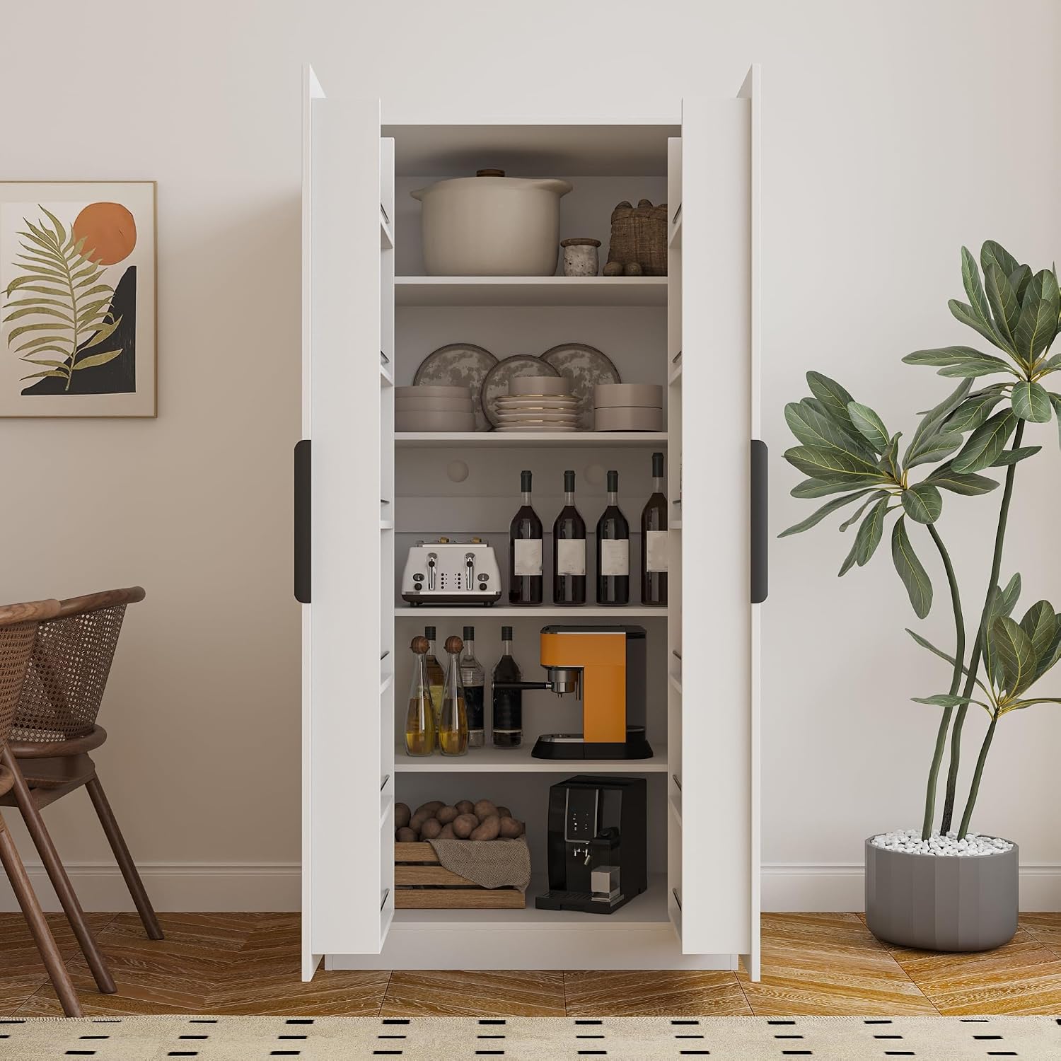 ZeHuoGe 62.99in Kitchen Pantry Cabinet, Freestanding Buffet Cupboards Sideboard with Doors & Shelves, Pantry Storage Cabinet for Kitchen, Living Room and Dinning Room (White)