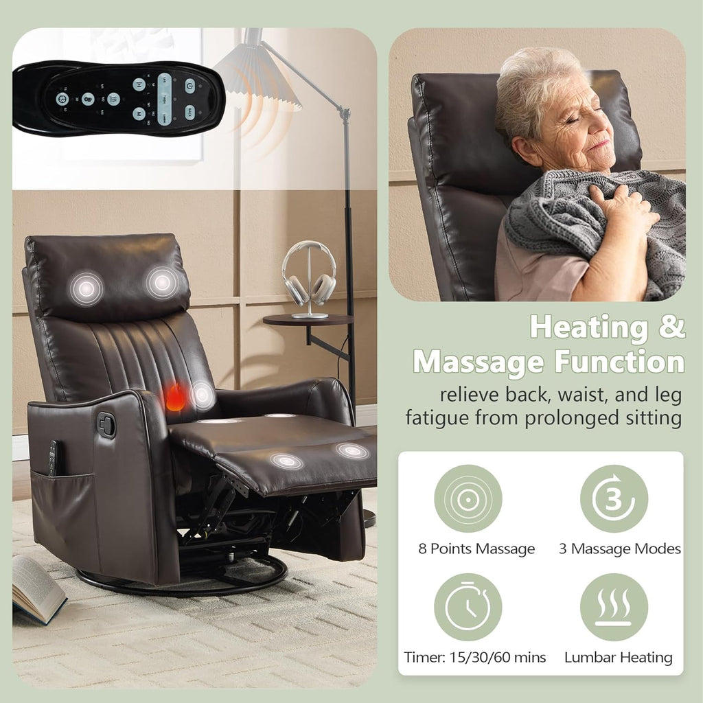 cinkehome Swivel Rocker Recliner, Glider Rocker Recliner Chair for Nursery, Manual Reclining Chair with Heated Massage, Small Spaces, Living Room, Faux Leather Brown