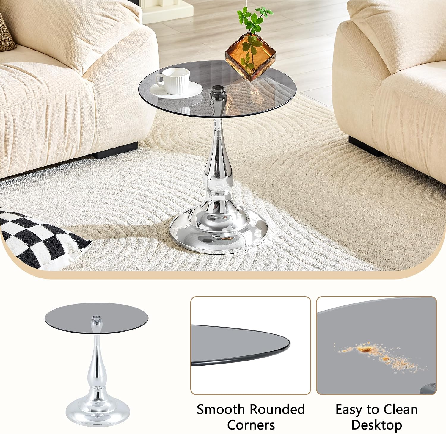 Round Glass Side Table with Silver Metal Base, 19.6'' Gray Tempered Glass Top, Modern Glass Round End Table for Living Room Office, Small Metal Side Table for Compact Space