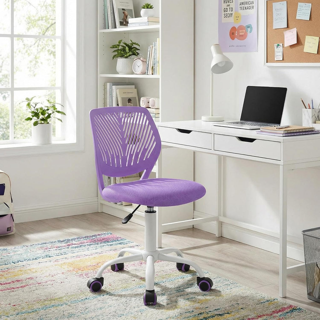 FurnitureR Purple Armless Desk Chair, Ergonomic Swivel Study Chair with Mesh Seat & Rolling Wheels, Lightweight Cute Task Chair for Creating a Cozy & Inspiring Kids’ Study Space — A Lovely Gift Choice