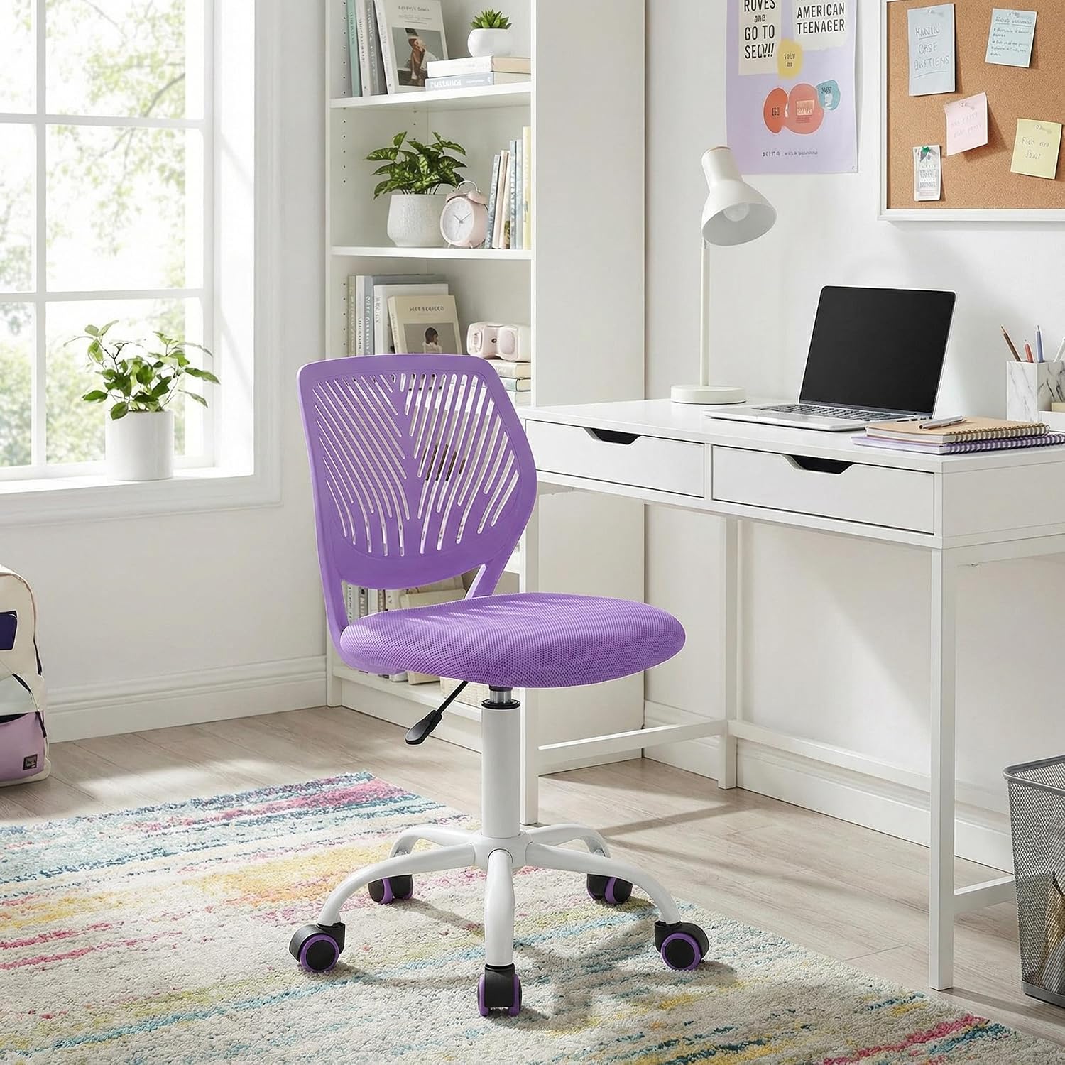 FurnitureR Purple Armless Desk Chair, Ergonomic Swivel Study Chair with Mesh Seat & Rolling Wheels, Lightweight Cute Task Chair for Creating a Cozy & Inspiring Kids’ Study Space — A Lovely Gift Choice