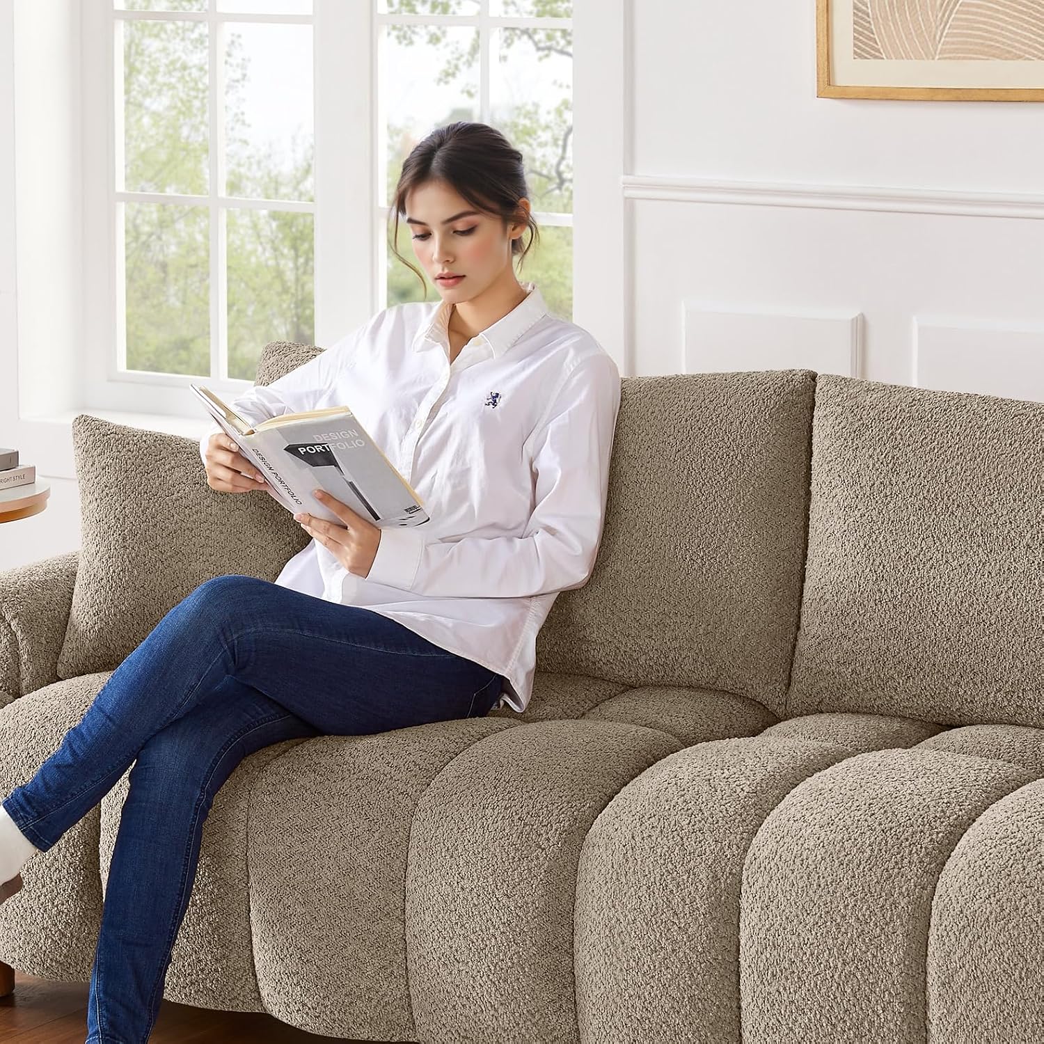 VANOMi Boucle Sofa Couch, 91" Comfy Tufted Upholstered Cloud Couches, Modern 3 Seater Sofa with Pillows, Oversized Deep Seat Sherpa Couch for Living Room, Bedroom, Apartment (Camel Color)