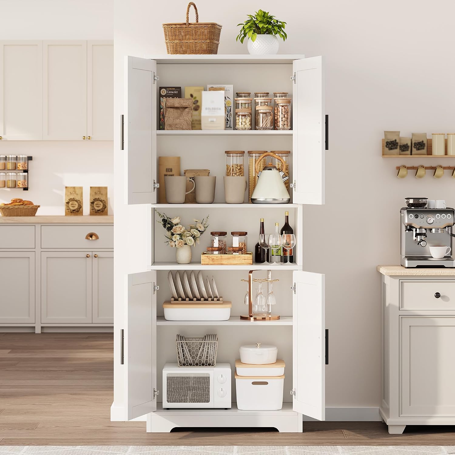 70“ Tall Kitchen Pantry Cabinet,Modern Kitchen Hutch with Microwave Stand & Adjustable Shelves,Ideal for Dining Room, Bathroom, Laundry Room - Modern and Functional Design.White.