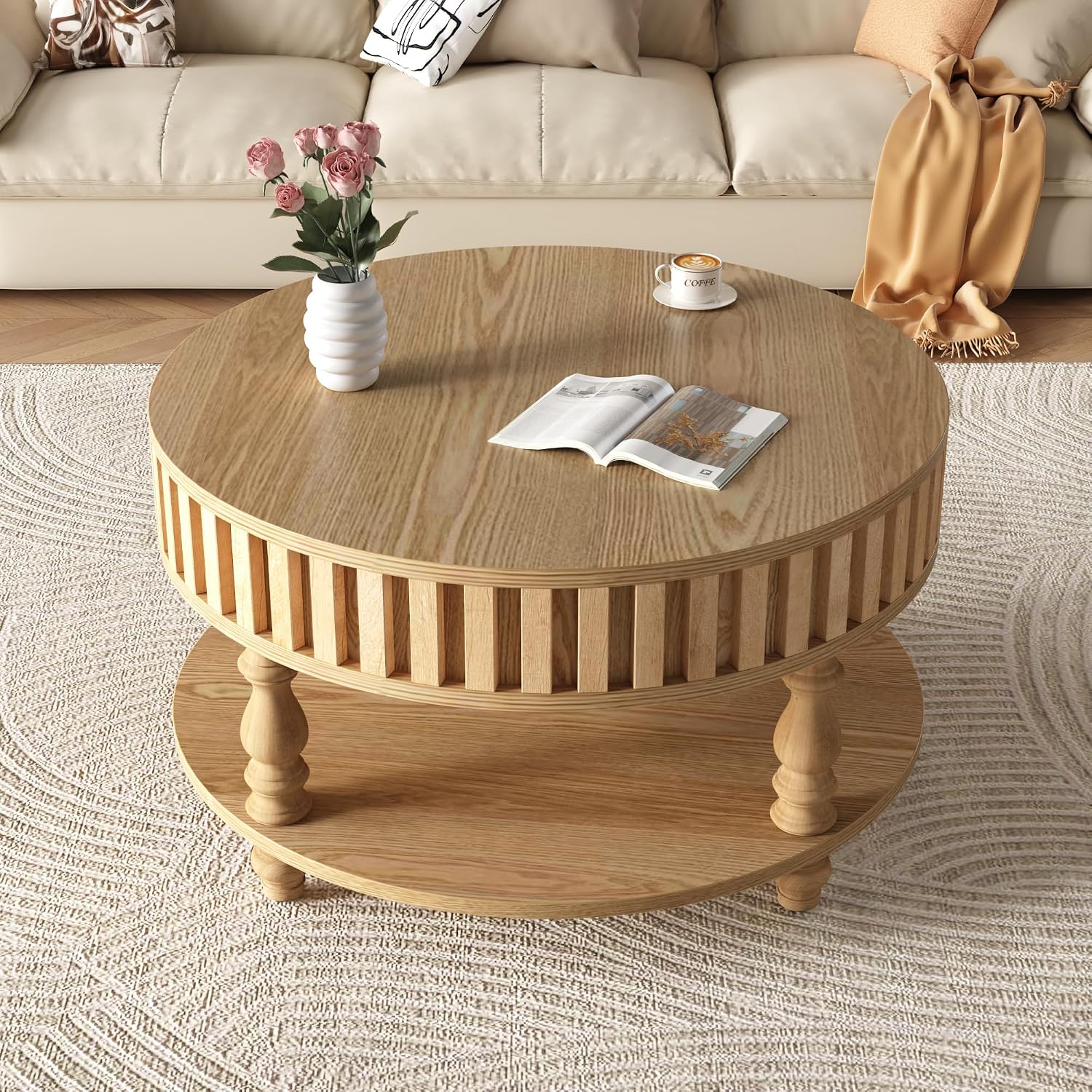 TesNus 31.5'' Round Coffee Table with Storage, Modern Wood Coffee Table for Living Room, Small Center Table with Hidden Compartment & Open Shelf, Farmhouse Boho Mid Century Coffee Tables, Natural Wood