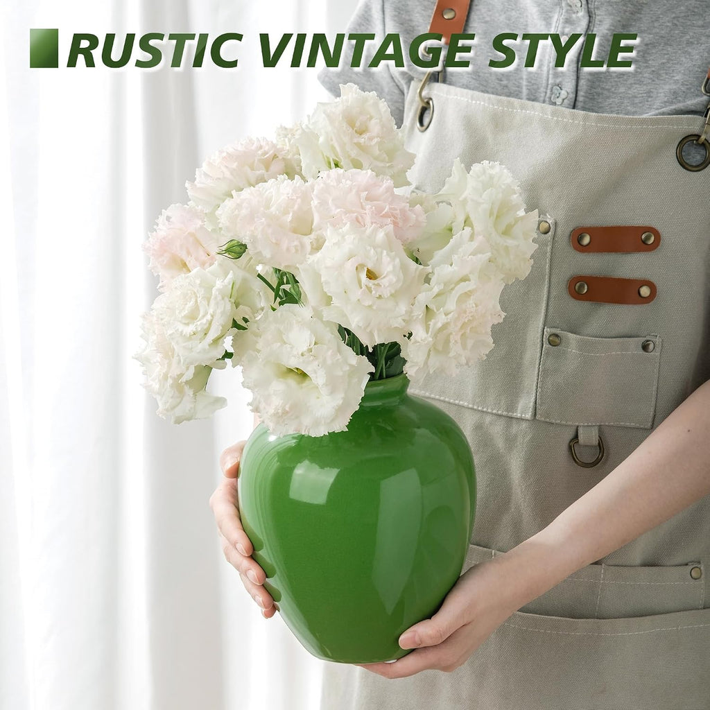 7.5IN Green Ceramic Vase, Vintage Flower Vases with Ice Cracked Glazed for Home Decor, Rustic Decorative Chinoiserie Vase for Table Centerpiece Living Room Shelf Farmhouse Decor