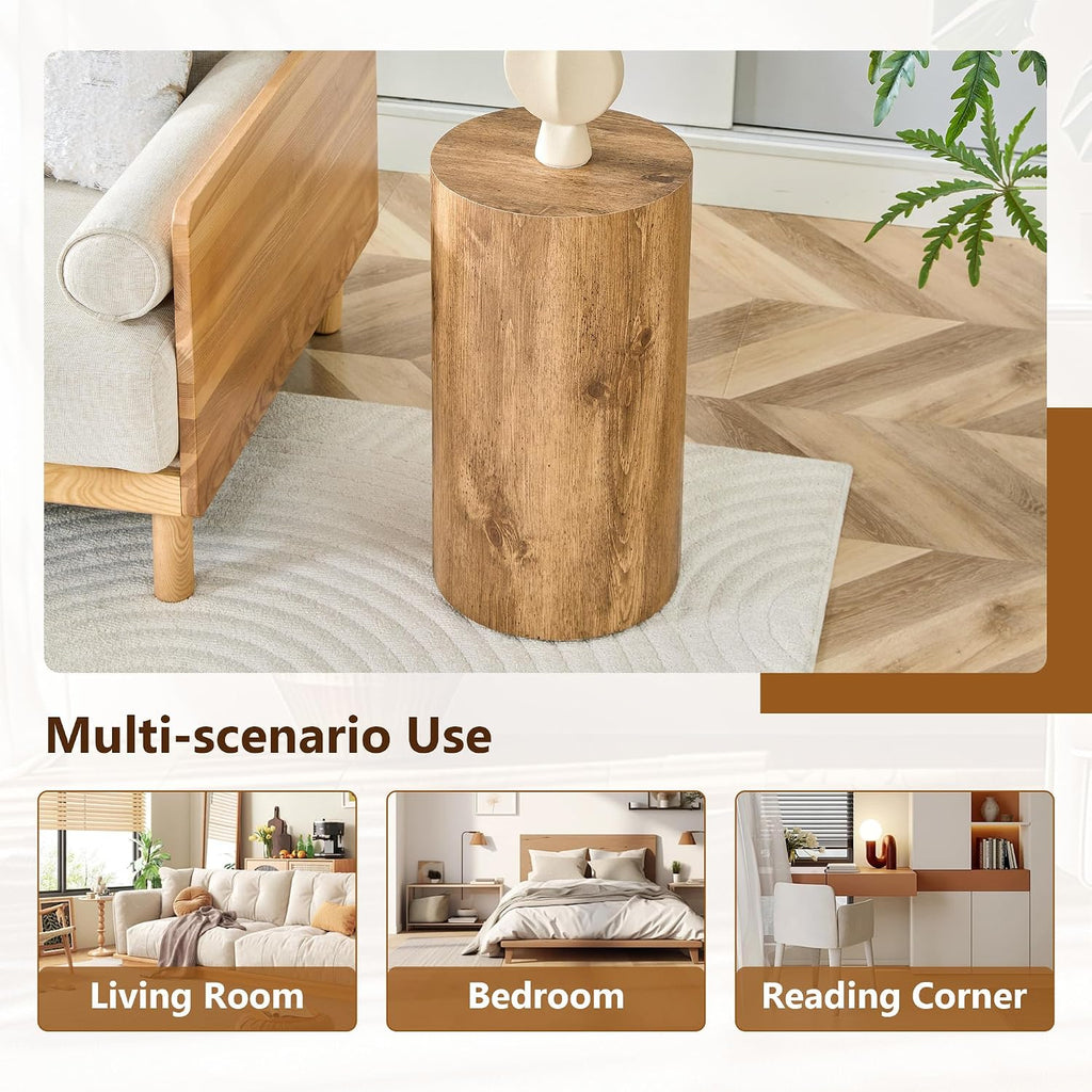 21.6''H Boho Cylinder Side Table for Living Room, Natural Wood Accent Tables with Tribal Pattern Design, Farmhouse Drum End Table for Couch Bedroom, Bedside Nightstand, No Assembly