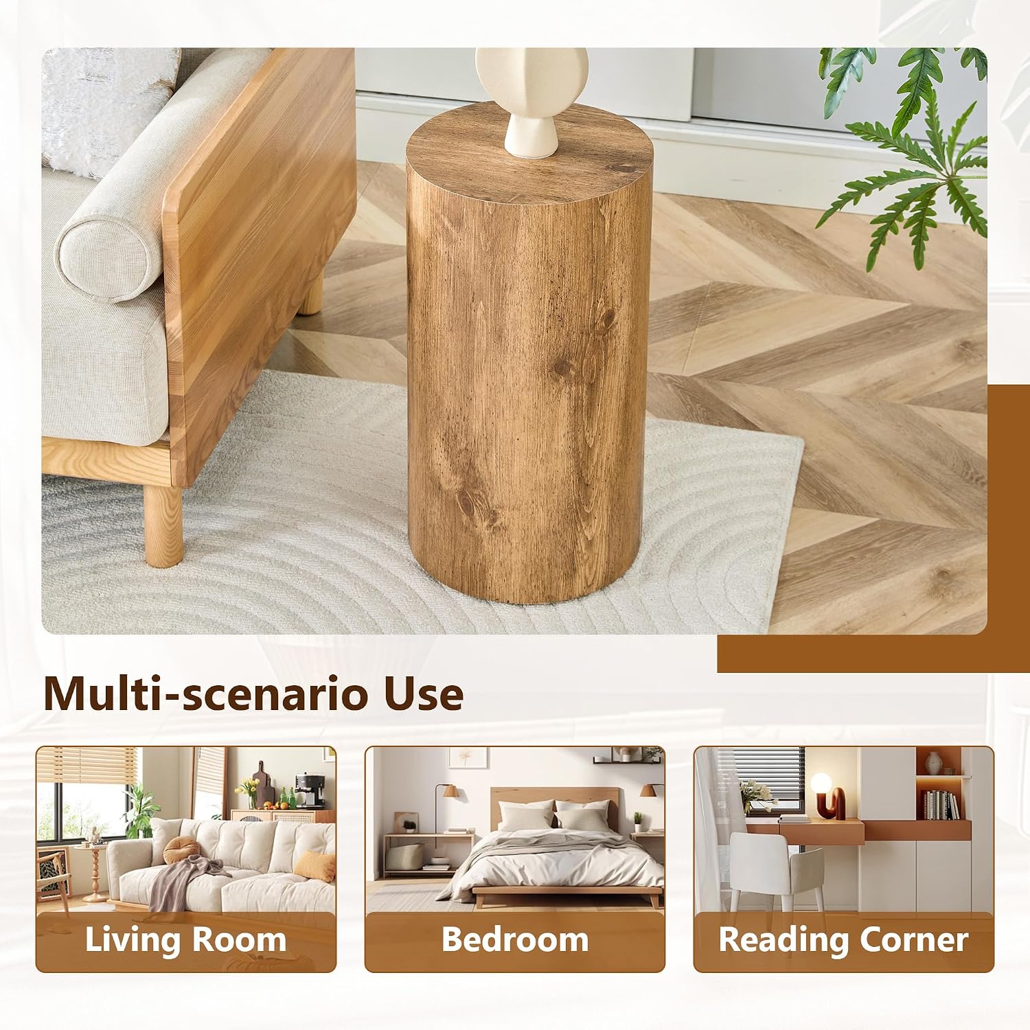 21.6''H Boho Cylinder Side Table for Living Room, Natural Wood Accent Tables with Tribal Pattern Design, Farmhouse Drum End Table for Couch Bedroom, Bedside Nightstand, No Assembly