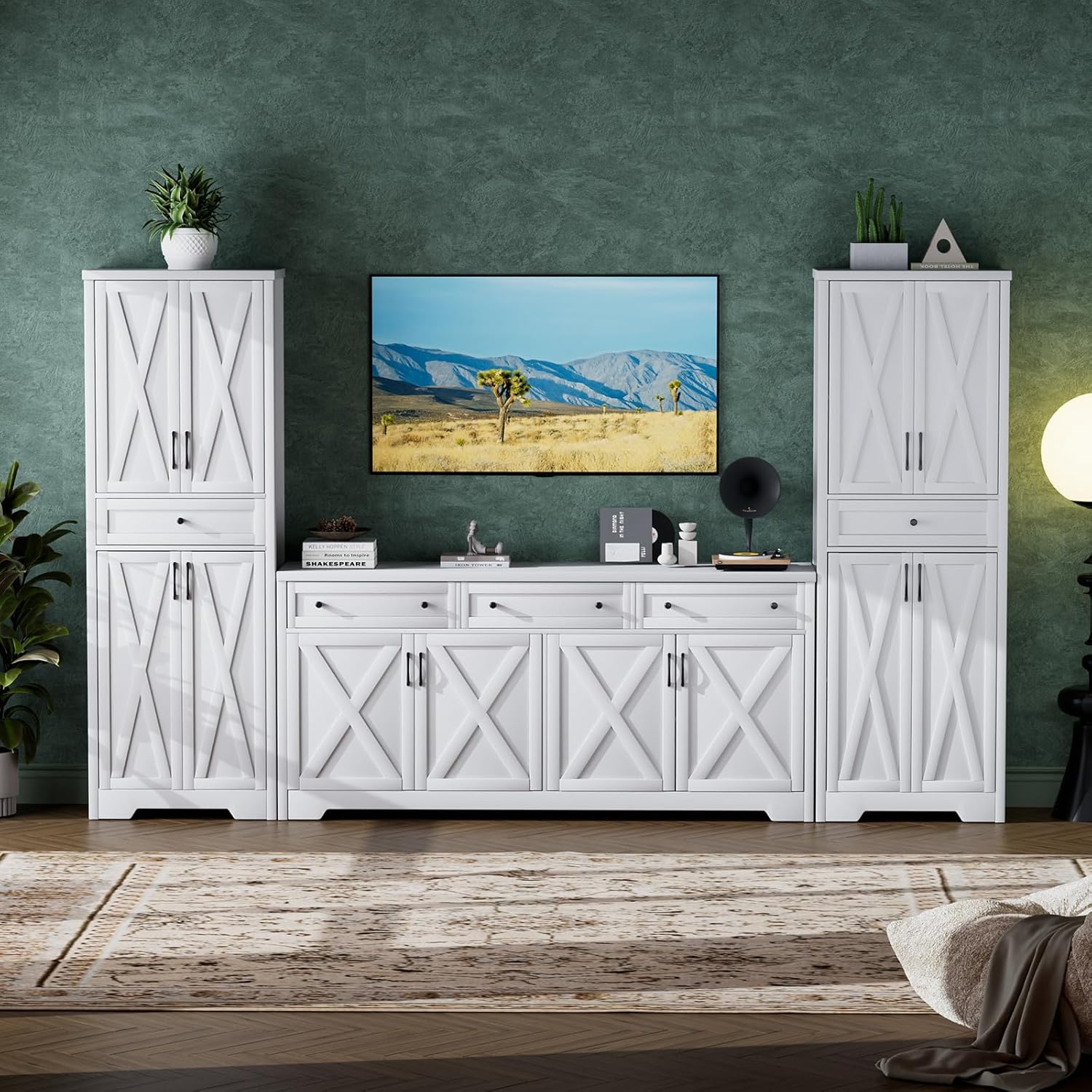Lyromix 3 Pieces Sideboard and Pantry Set with Storage, White Farmhouse Wall Unit Entertainment Center, Large Kitchen Sideboard Buffet Pantry Cabinet with Drawers