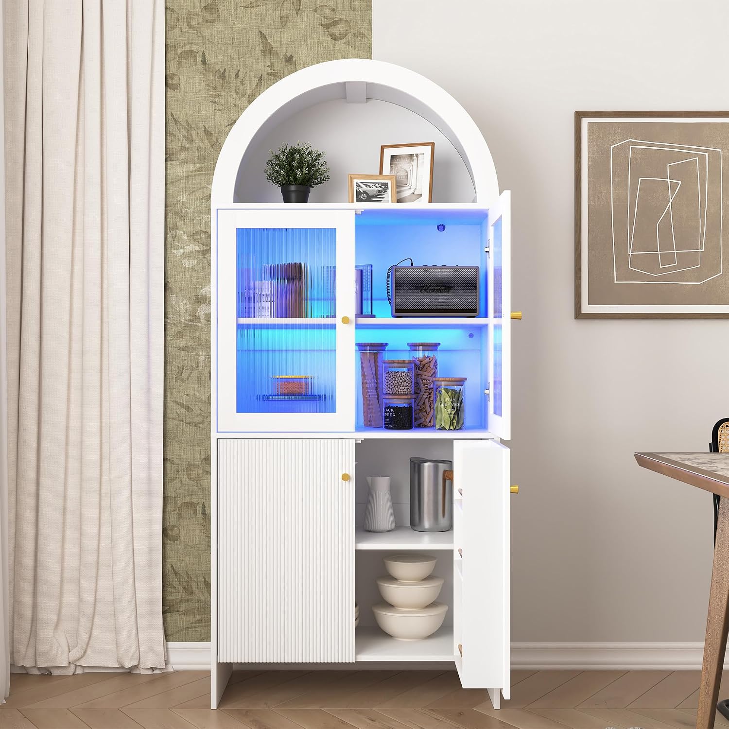 69" LED Tall Arched Kitchen Pantry Cabinet, Wood Kitchen Storage Hutch with 2 Large Drawers and Adjustable Shelves, Glass Dome Cupboard for Dining Room, Bathroom，Livingroom