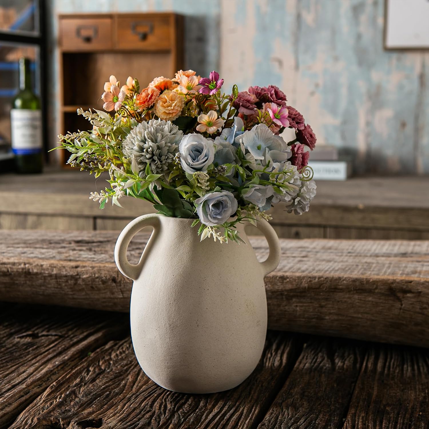 Tanvecle Off-White Ceramic Vase with 2 Handles, Sandstone Texture for Modern Farmhouse Decor, Rustic Pottery, Decorative Flower Vase, Clay Small Vase, Centerpiece for Dining Table - 7 Inch Tall