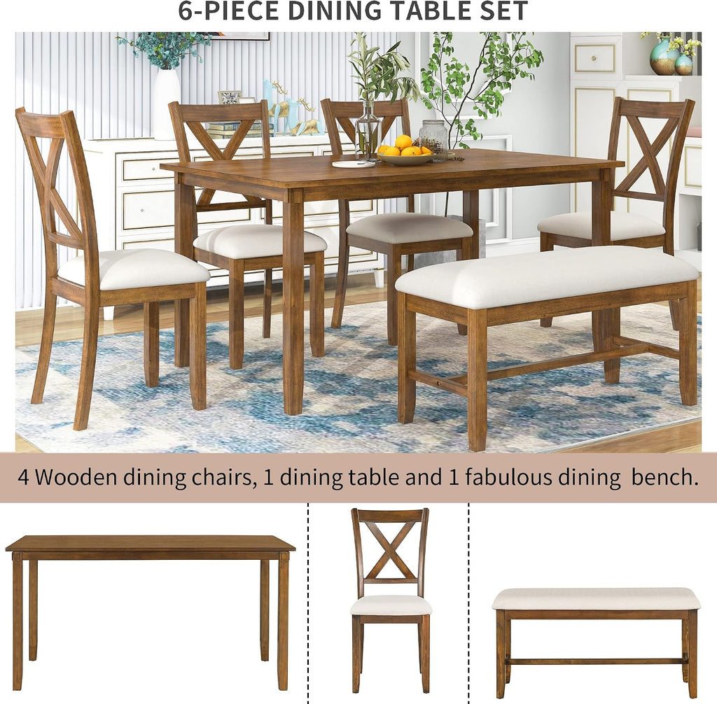 Merax 60" Farmhouse Dining Table Set for 6, Wooden Rectangular Dining Kitchen Table with 4 Fabric Chairs & Bench, 6-Piece Dining Room & Living Room Furniture, Natural Cherry