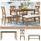 Merax 60" Farmhouse Dining Table Set for 6, Wooden Rectangular Dining Kitchen Table with 4 Fabric Chairs & Bench, 6-Piece Dining Room & Living Room Furniture, Natural Cherry