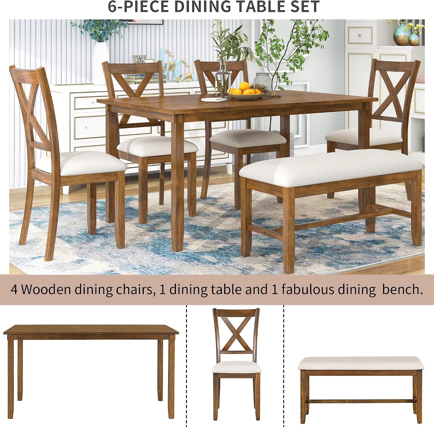 Merax 60" Farmhouse Dining Table Set for 6, Wooden Rectangular Dining Kitchen Table with 4 Fabric Chairs & Bench, 6-Piece Dining Room & Living Room Furniture, Natural Cherry