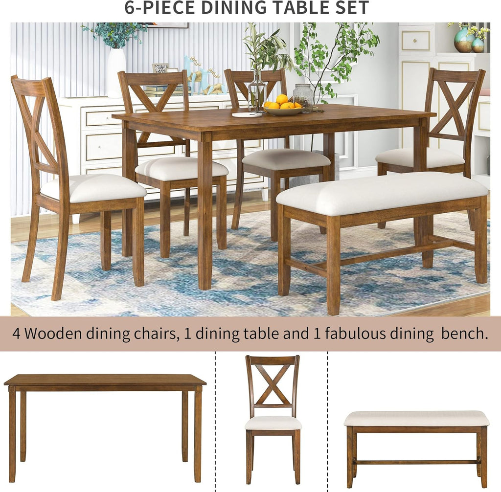 Merax 60" Farmhouse Dining Table Set for 6, Wooden Rectangular Dining Kitchen Table with 4 Fabric Chairs & Bench, 6-Piece Dining Room & Living Room Furniture, Natural Cherry