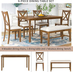 Merax 60" Farmhouse Dining Table Set for 6, Wooden Rectangular Dining Kitchen Table with 4 Fabric Chairs & Bench, 6-Piece Dining Room & Living Room Furniture, Natural Cherry