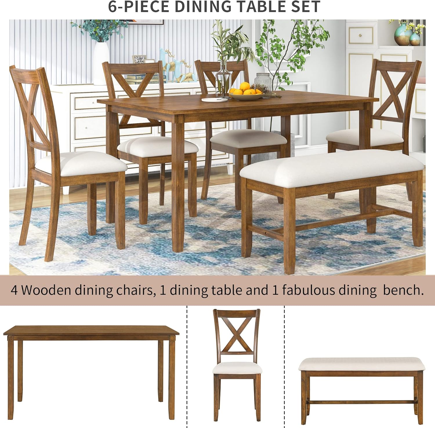 Merax 60" Farmhouse Dining Table Set for 6, Wooden Rectangular Dining Kitchen Table with 4 Fabric Chairs & Bench, 6-Piece Dining Room & Living Room Furniture, Natural Cherry