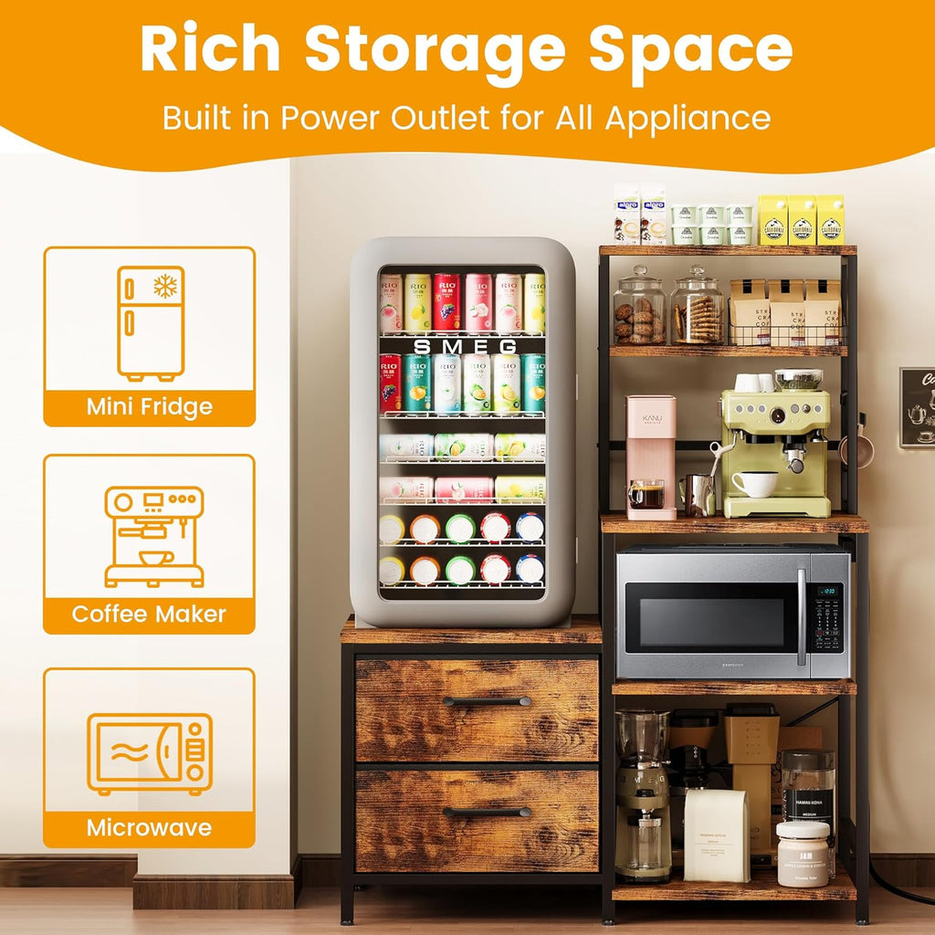 Homeiju Mini Fridge Stand Coffee Bar Cabinet with 5 Storage Shelves and 2 Large Drawers, Baker Rack with Power Outlet, Mini Fridge Shelf for Kitchen, Living Room, Office, Rustic Brown