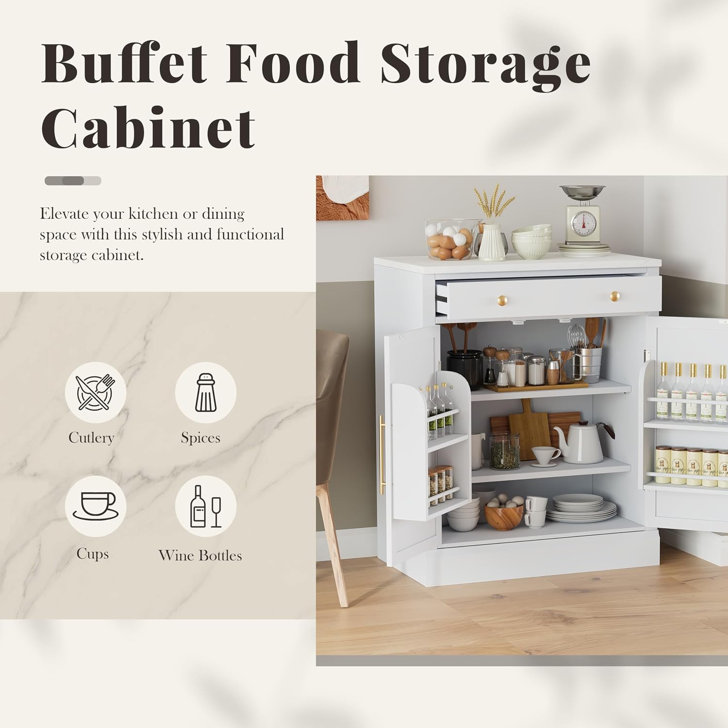 Merax 35.4" H Kitchen Pantry Storage Cabinet, Small Buffet Food Storage, Coffee Bar Cabinet with Drawer, 2 Adjustable Shelves and 2 Door Shelves for Dining, Kitchen, White