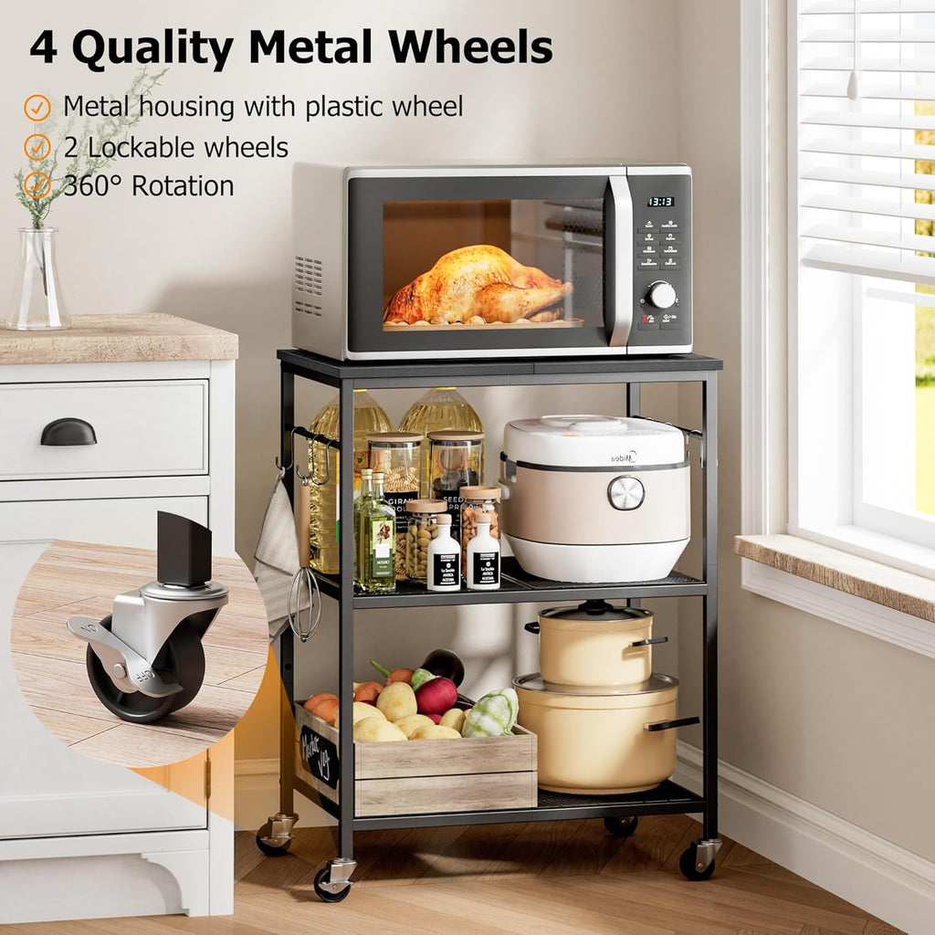 Homleke 3-Tier Rolling Kitchen Microwave Cart, Kitchen Utility Cart on Lockable Wheels, Coffee Bar Table Station with 6 S-Shaped Hooks, Small Appliance Storage Shelf, Black