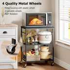 Homleke 3-Tier Rolling Kitchen Microwave Cart, Kitchen Utility Cart on Lockable Wheels, Coffee Bar Table Station with 6 S-Shaped Hooks, Small Appliance Storage Shelf, Black