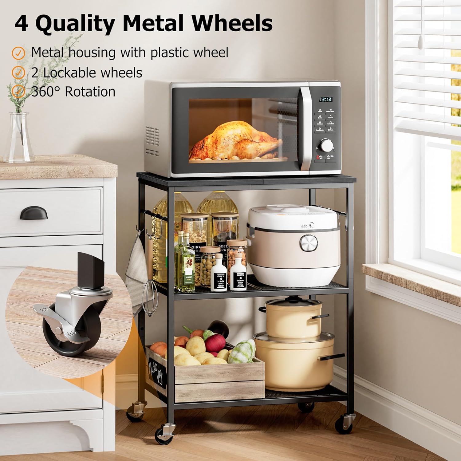 Homleke 3-Tier Rolling Kitchen Microwave Cart, Kitchen Utility Cart on Lockable Wheels, Coffee Bar Table Station with 6 S-Shaped Hooks, Small Appliance Storage Shelf, Black