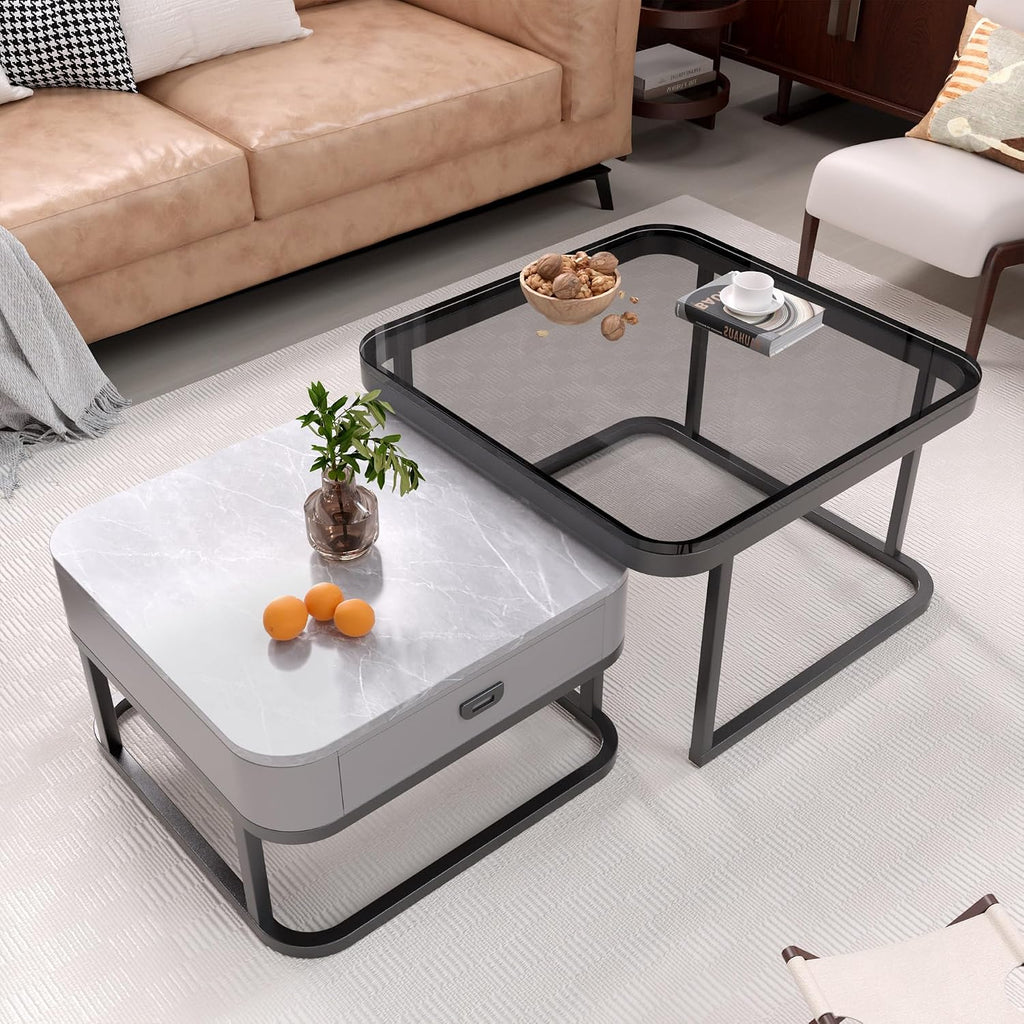 Jerry & Maggie Ø 27.5" Tempered Glass Coffee Tables for Living Room Modern Farmhouse, Square Glass Nesting Coffee Table Set of 2, Side Table 2-Piece Set