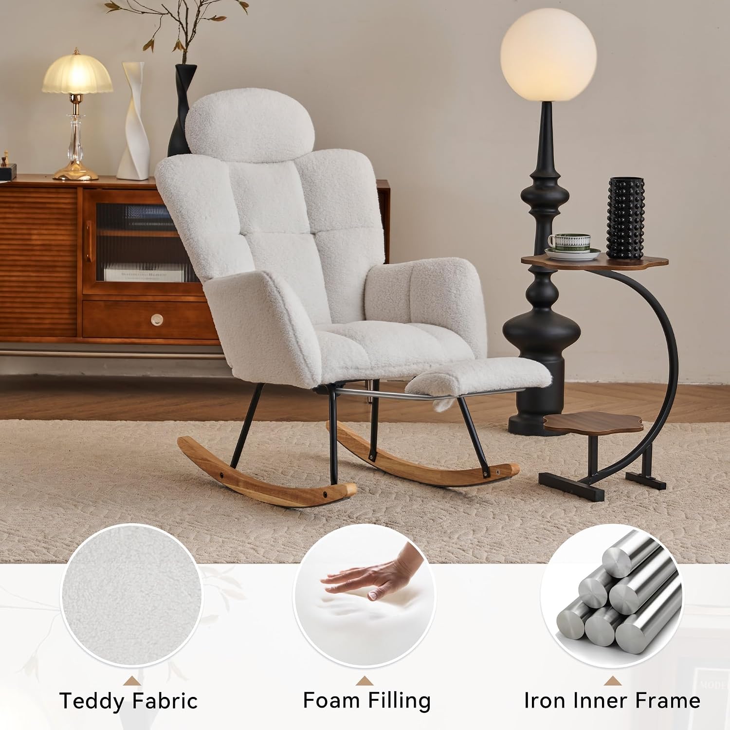 Teddy Fabric Upholstered Rocking Chair with Pillow & Footrest – Modern Accent Armchair with Padded Seat and High Backrest for Nursery, Living Room or Bedroom (Ivory)