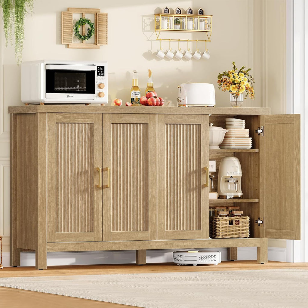 55" Buffet Cabinet with Storage, Large Sideboard Buffet Cabinet with 4 Adjustable Shelves, Modern Fluted Coffee Bar for Kitchen, Living Room, Natural