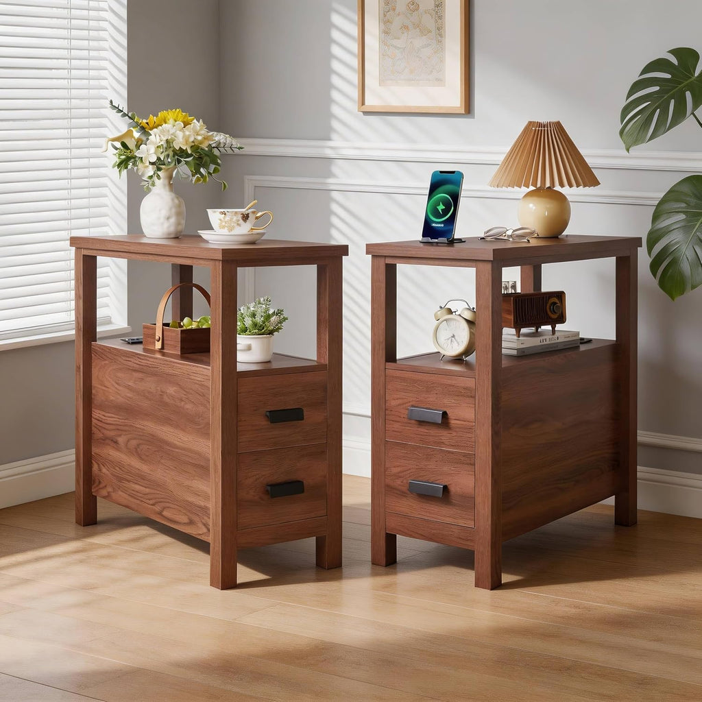 Farmhouse Side Table with Charging Station and 2 Drawers, Antique Nightstand with Open Shelf, Bedside Table for Bedroom and Living Room (Drawer Charger, Walnut)