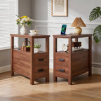 Farmhouse Side Table with Charging Station and 2 Drawers, Antique Nightstand with Open Shelf, Bedside Table for Bedroom and Living Room (Drawer Charger, Walnut)