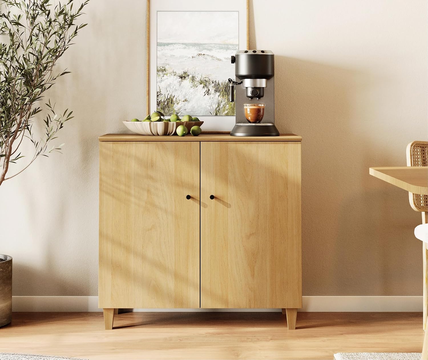 WAMPAT 35.4" Wood Sideboard Buffet Table with 2 Doors – Small Oak Credenza Storage Cabinet for Dining Room & Kitchen, Modern Coffee Bar with 3 Compartments for Living Room & Hallway