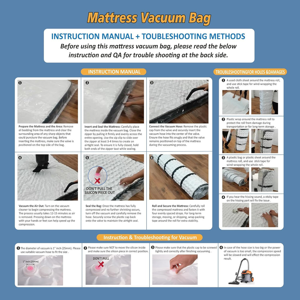 Storage Logic Foam Mattress Vacuum Bag with Blue Zipper, Mattress Storage Bag, Straps Included, Queen/Full/Full-XL