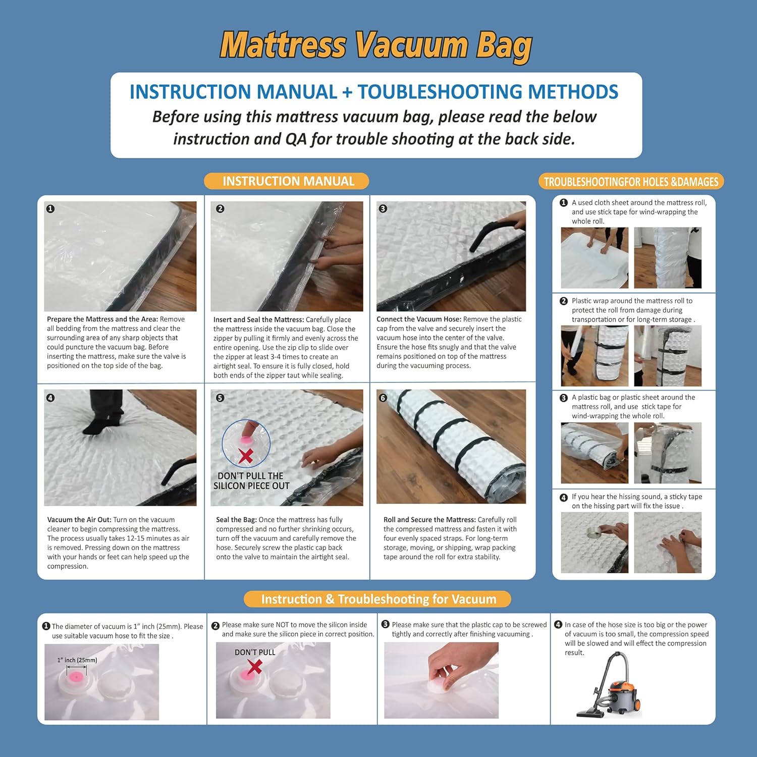 Storage Logic Foam Mattress Vacuum Bag with Blue Zipper, Mattress Storage Bag, Straps Included, Queen/Full/Full-XL