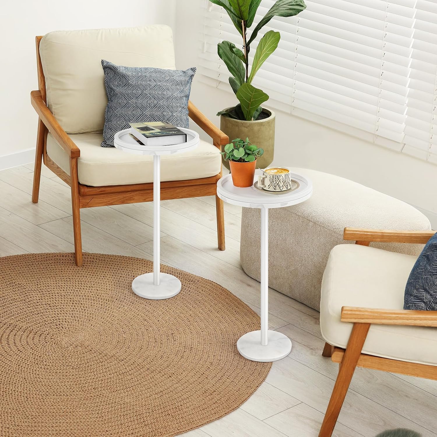smusei Small Drink Table with Marble Base Round Side Table for Small Spaces Pedestal Side Table with Anti-Fall Guard for Living Room Bedroom Home Decor, White