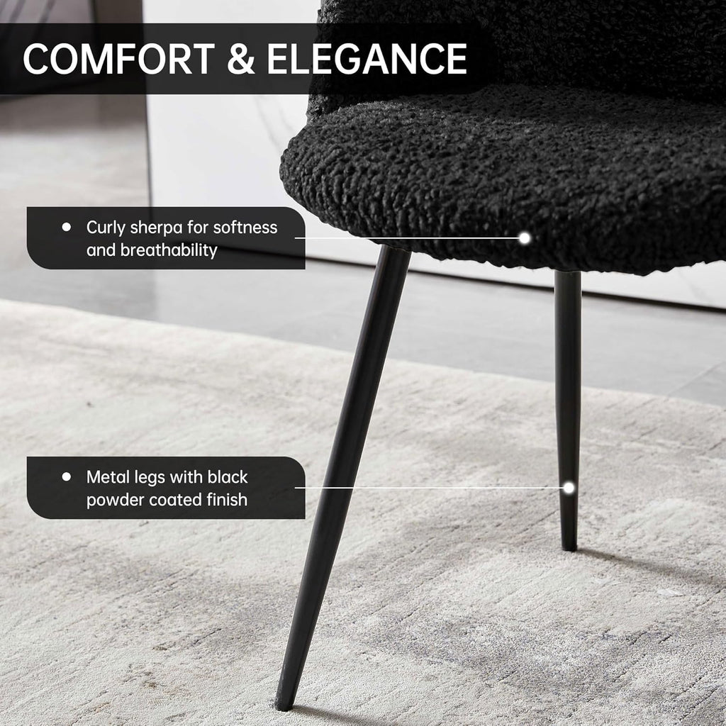 NORDICANA Accent Chairs Set of 2, Fuzzy Sherpa Dining Chairs with Barrel Back, Upholstered Faux Fur Armchairs with Black Metal Leg, Living Room Chairs (Black)