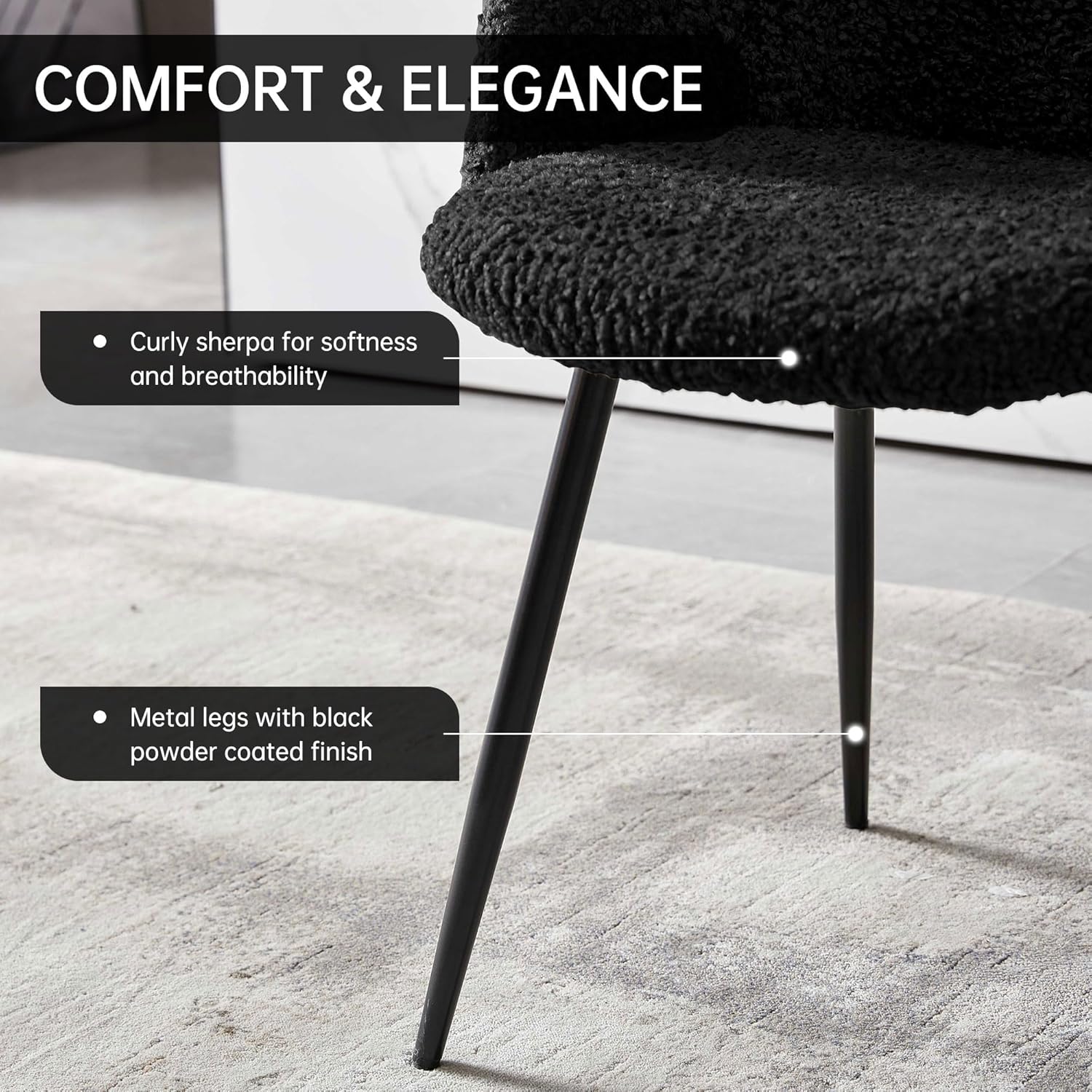 NORDICANA Accent Chairs Set of 2, Fuzzy Sherpa Dining Chairs with Barrel Back, Upholstered Faux Fur Armchairs with Black Metal Leg, Living Room Chairs (Black)