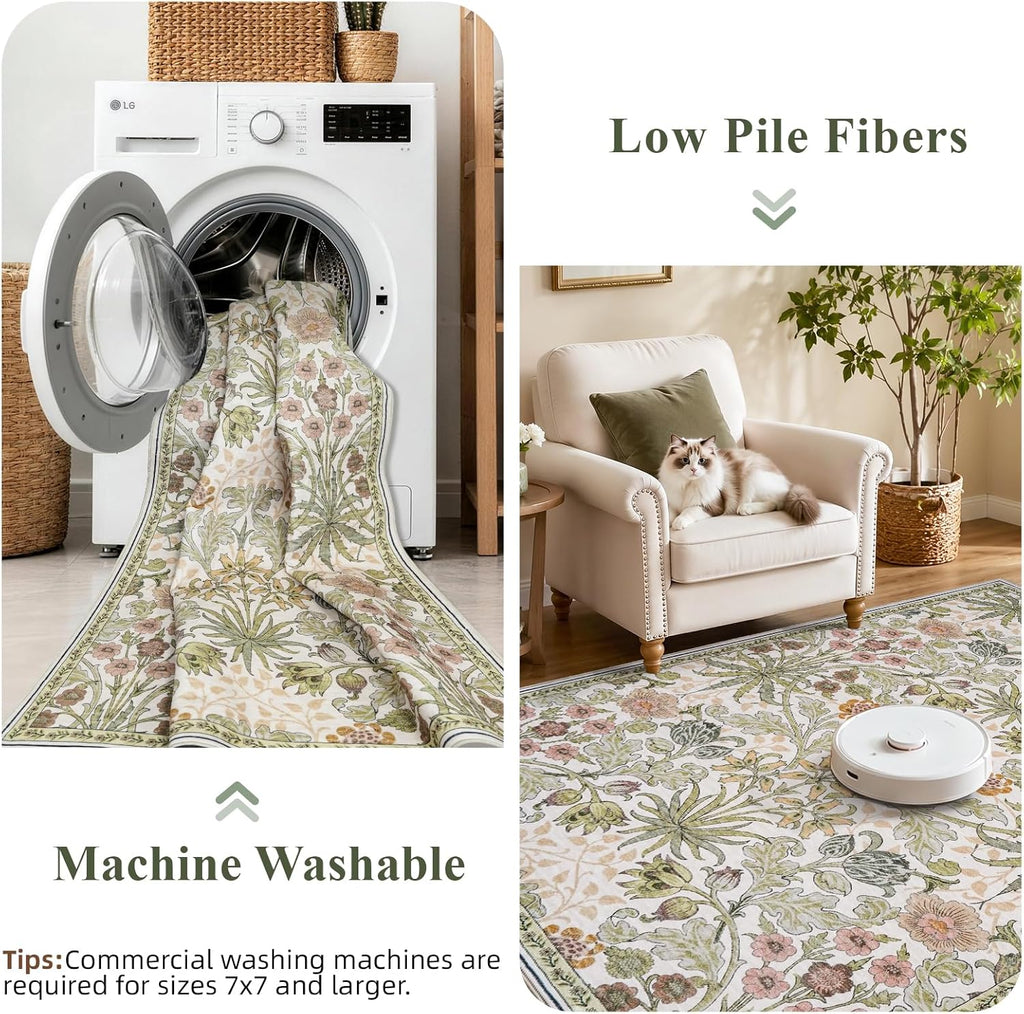 3x6 Washable Non-Slip Entryway Rug: Floral Indoor Runner Rugs Floor Carpet for Hallways Kitchen Bedroom Laundry Bathroom Beside Bed - Stain & Fade Resistant, Boho Botanical Design 3x6 Beige