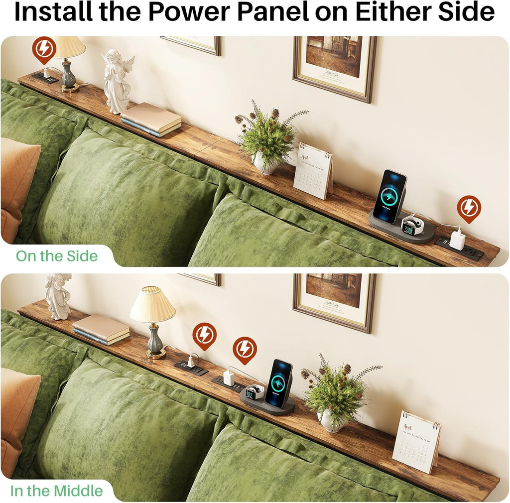 Kitstorack 94.5" Extra Long Behind Couch Table, Adjustable Height Narrow Console Table with 2 Power Strips, Split Design for Separate Wall Use, Anti-Scratch Tip, Rustic Brown for Living Room