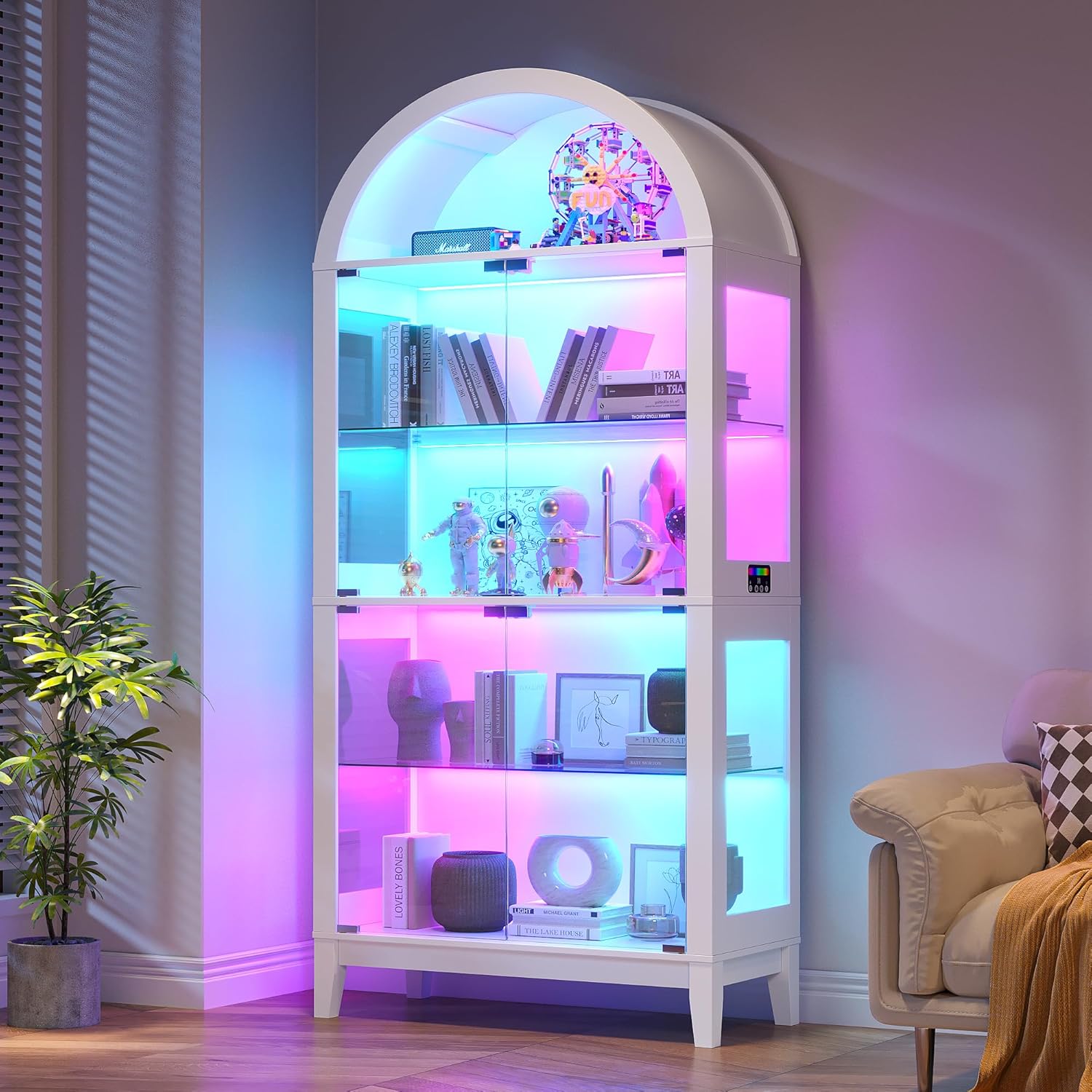 HNEBC Arched Display Case with RGB Lights, 69" Tall 5-Tier Tempered Glass Display Cabinet with Doors, LED Curio Cabinet with Shelf, Bookcase with Music-Synced Lighting for Living Room(White)