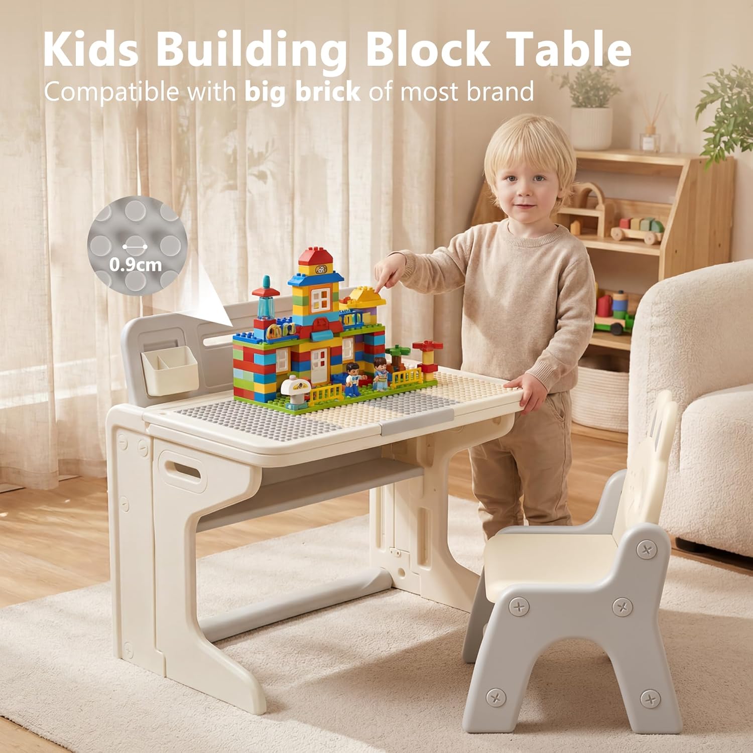 Kinder King Kids Table & Chair Set, Folding Children Activity Table w/Tilt Tabletop, Graffiti & Building Blocks, Book Stand, Storage, Toddler Furniture Set for Classroom, Daycare, Home, Age 3+, Beige