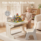 Kinder King Kids Table & Chair Set, Folding Children Activity Table w/Tilt Tabletop, Graffiti & Building Blocks, Book Stand, Storage, Toddler Furniture Set for Classroom, Daycare, Home, Age 3+, Beige