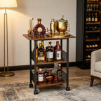 Bar Cart, Mobile 3-Tier Serving Cart with Lockable Wheels, Freestanding Wine Rack & Liquor Cabinet for Kitchen, Dining Room, Home Bar in Black