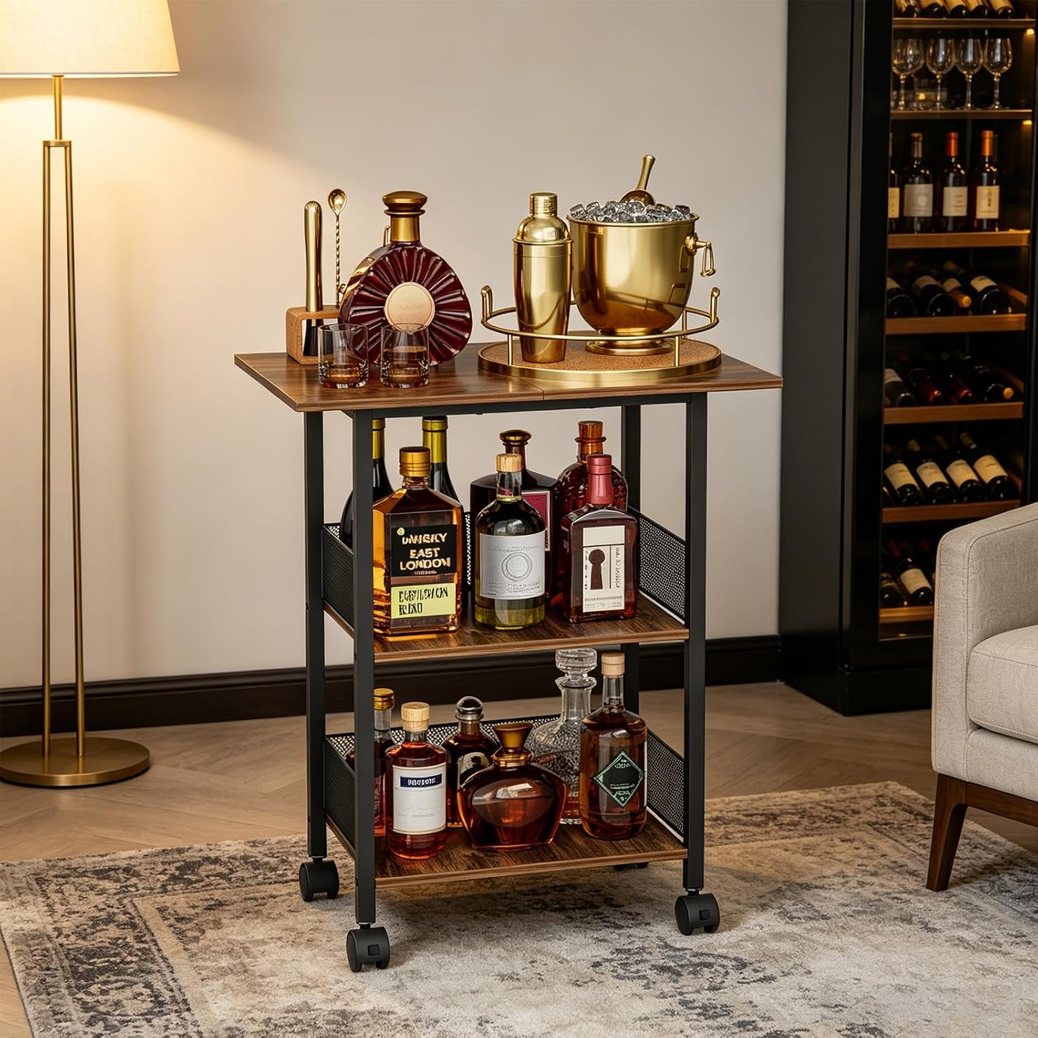 Bar Cart, Mobile 3-Tier Serving Cart with Lockable Wheels, Freestanding Wine Rack & Liquor Cabinet for Kitchen, Dining Room, Home Bar in Black